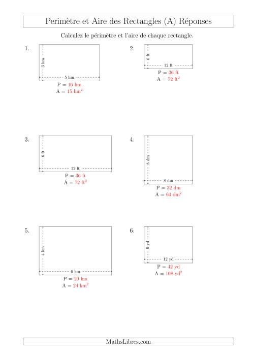 Calcul du Périmètre et de l'Aire des Rectangles (Avec de Petits Nombres Entiers) (Tout) page 2
