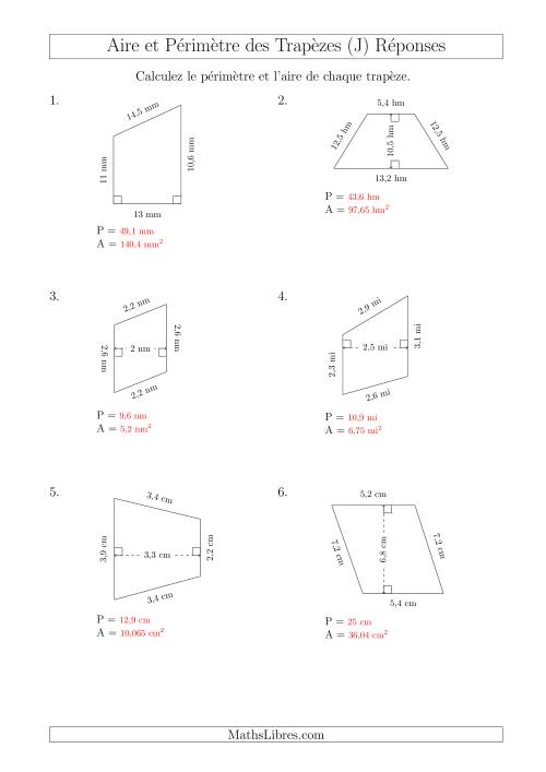 Calcul de l'Aire et du Périmètre des Trapèzes (Plus Petits Nombres) (J) page 2