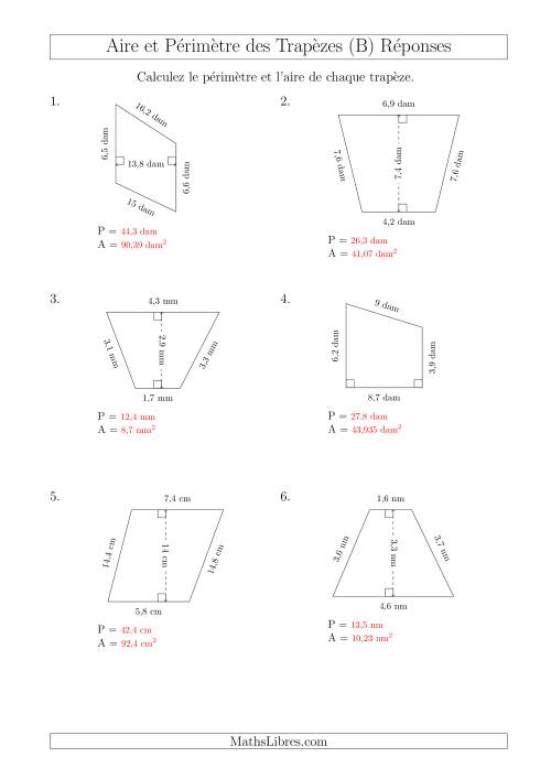 Calcul de l'Aire et du Périmètre des Trapèzes (Plus Grands Nombres) (B) page 2