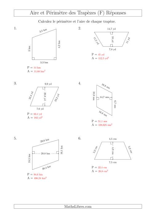 Calcul de l'Aire et du Périmètre des Trapèzes (Plus Grands Nombres) (F) page 2