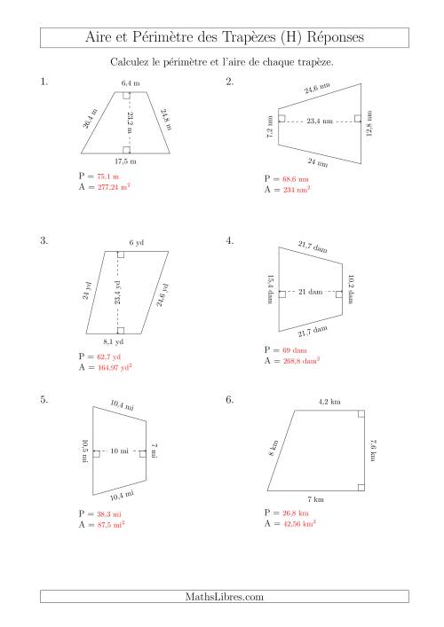 Calcul de l'Aire et du Périmètre des Trapèzes (Plus Grands Nombres) (H) page 2