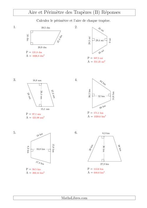 Calcul de l'Aire et du Périmètre des Trapèzes (Nombres Mêmes Plus Grands) (B) page 2