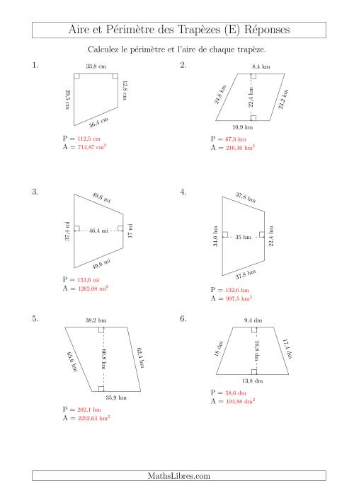 Calcul de l'Aire et du Périmètre des Trapèzes (Nombres Mêmes Plus Grands) (E) page 2