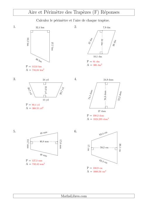 Calcul de l'Aire et du Périmètre des Trapèzes (Nombres Mêmes Plus Grands) (F) page 2
