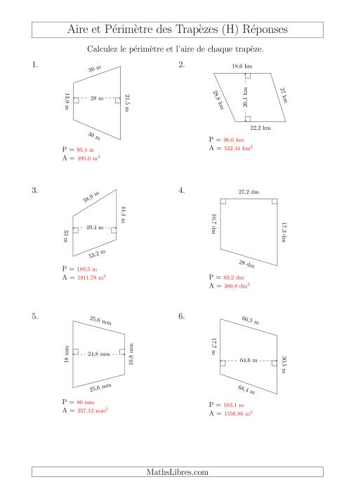 Calcul de l'Aire et du Périmètre des Trapèzes (Nombres Mêmes Plus Grands) (H) page 2