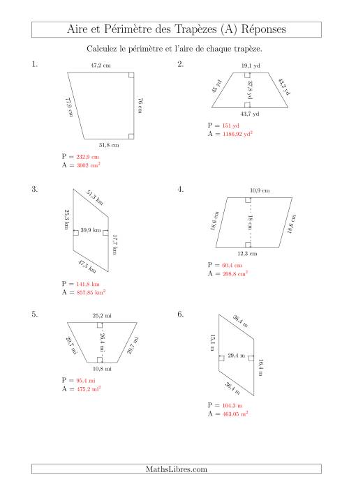 Calcul de l'Aire et du Périmètre des Trapèzes (Nombres Mêmes Plus Grands) (Tout) page 2