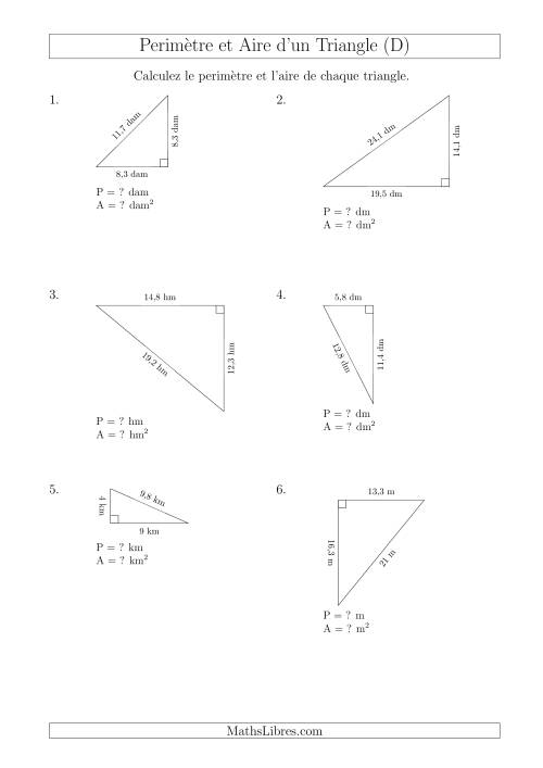 Calcul de l'Aire et du Périmètre d'un Triangle Rectangle (D)