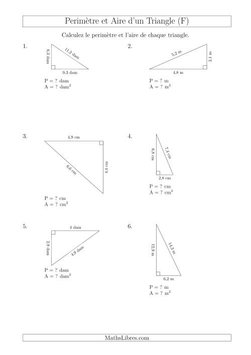 Calcul de l'Aire et du Périmètre d'un Triangle Rectangle (F)