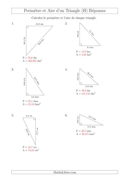 Calcul de l'Aire et du Périmètre d'un Triangle Rectangle (H) page 2