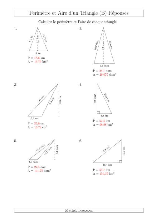 Calcul de l'Aire et du Périmètre des Triangles Divers (B) page 2