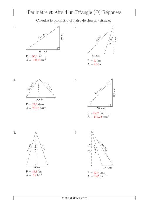Calcul de l'Aire et du Périmètre des Triangles Divers (D) page 2