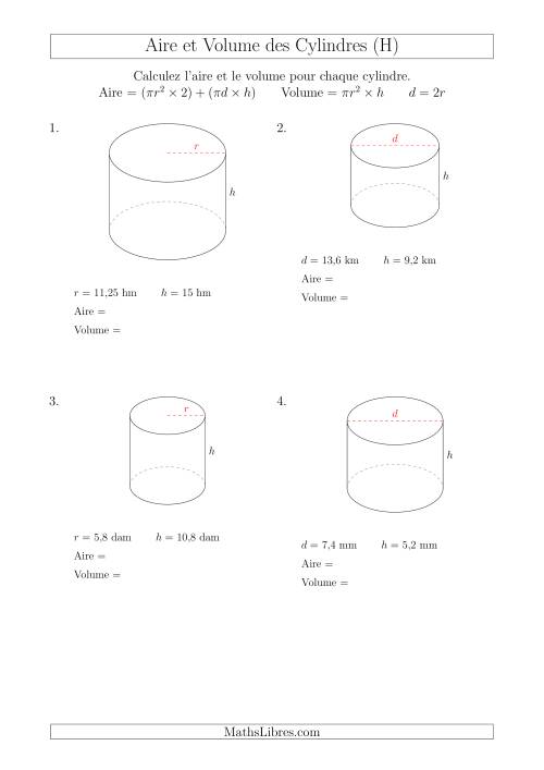 Calcul de l'Aire et du Volume des Cylindres (H)
