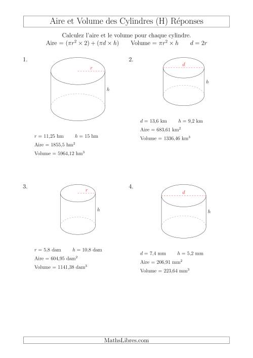 Calcul de l'Aire et du Volume des Cylindres (H) page 2