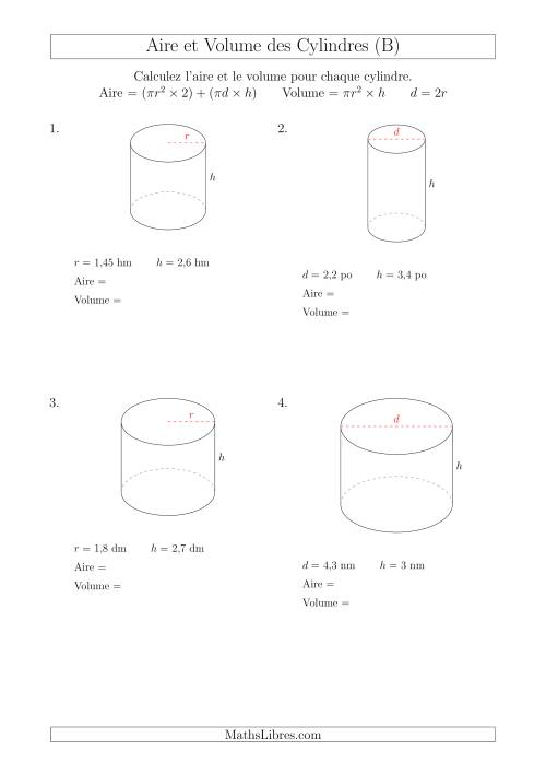 Calcul de l'Aire et du Volume des Cylindres avec de Petits Nombres (B)