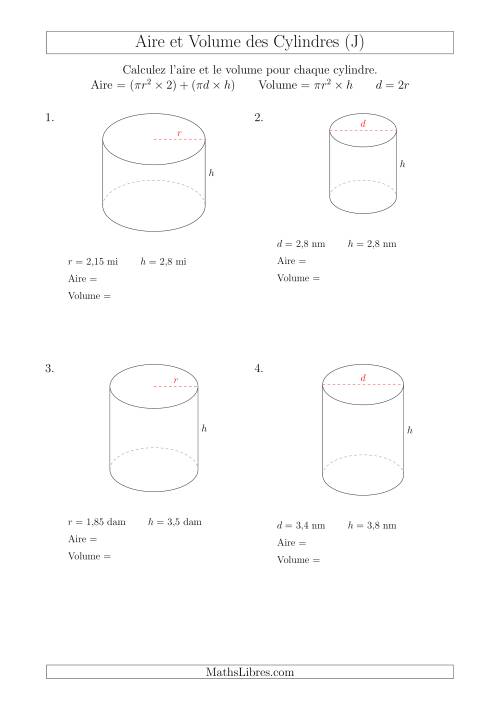 Calcul de l'Aire et du Volume des Cylindres avec de Petits Nombres (J)