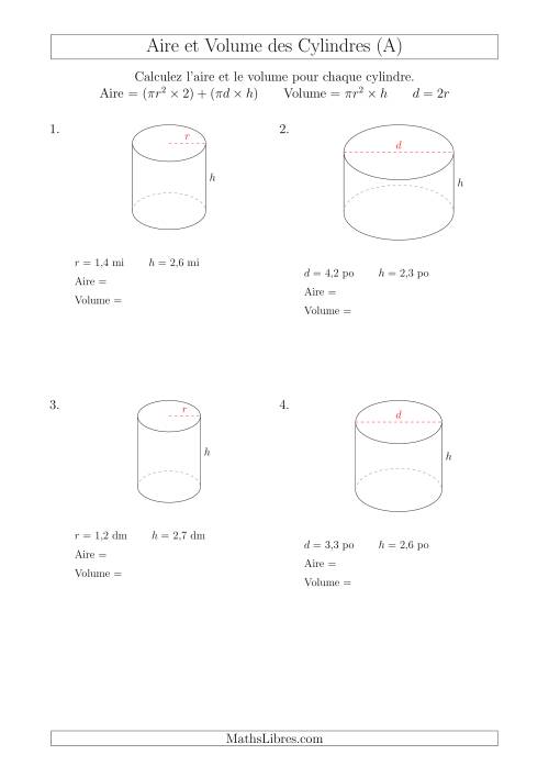Calcul de l'Aire et du Volume des Cylindres avec de Petits Nombres (Tout)