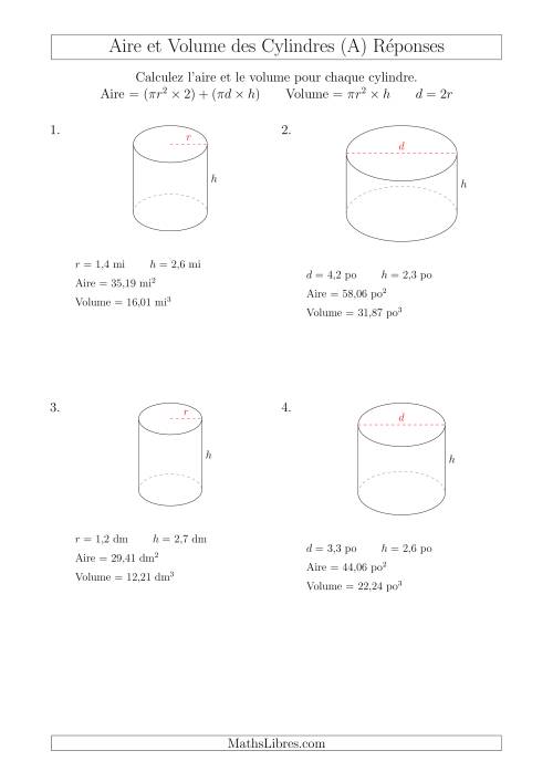 Calcul de l'Aire et du Volume des Cylindres avec de Petits Nombres (Tout) page 2