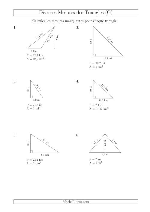 Calcul de Divreses Mesures des Triangles (G)