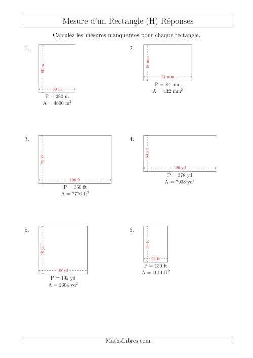 Calcul de la Longueur et la Largeur des Rectangles (Avec de Larges Nombres Entiers) (H) page 2