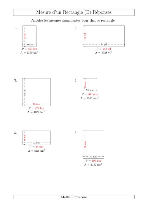Calcul du Perimètre, Longueur ou Largeur des Rectangles (Avec de Larges Nombres Entiers) (E) page 2