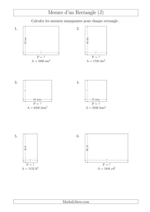 Calcul du Perimètre, Longueur ou Largeur des Rectangles (Avec de Larges Nombres Entiers) (J)