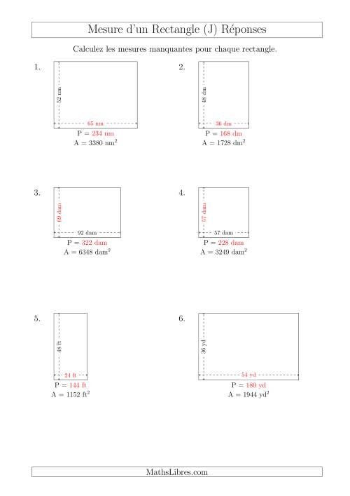 Calcul du Perimètre, Longueur ou Largeur des Rectangles (Avec de Larges Nombres Entiers) (J) page 2