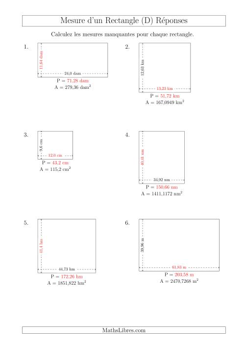 Calcul du Perimètre, Longueur ou Largeur des Rectangles (Avec des Nombres Décimaux) (D) page 2