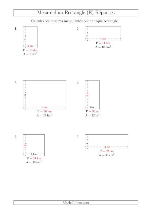 Calcul de l'Aire, Longueur ou Largeur des Rectangles (Avec de Petits Nombres Entiers) (E) page 2