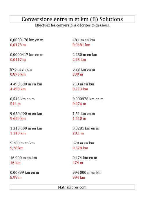 Conversions métriques -- Mètres et kilomètres (B) page 2