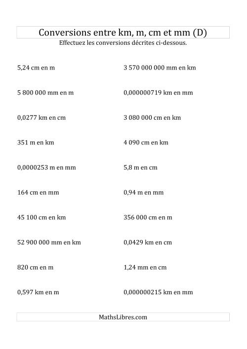 Conversions métriques -- Millimètres, centimètres, mètres, kilomètres (D)