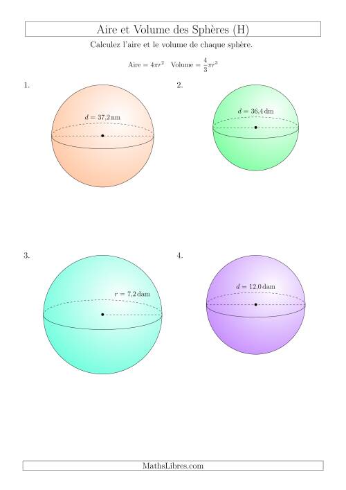 Calcul de l’Aire et du Volume des Sphères (Nombres Décimaux au Dixième Près) (H)