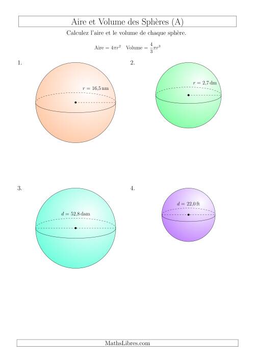 Calcul de l’Aire et du Volume des Sphères (Nombres Décimaux au Dixième Près) (Tout)