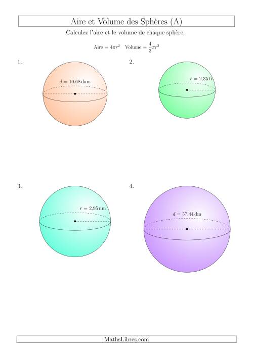 Calcul de l’Aire et du Volume des Sphères (Nombres Décimaux au Centième Près) (Tout)