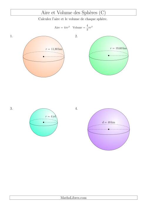 Calcul de l’Aire et du Volume des Sphères (Nombres Entiers  Décimaux Mixtes) (C)