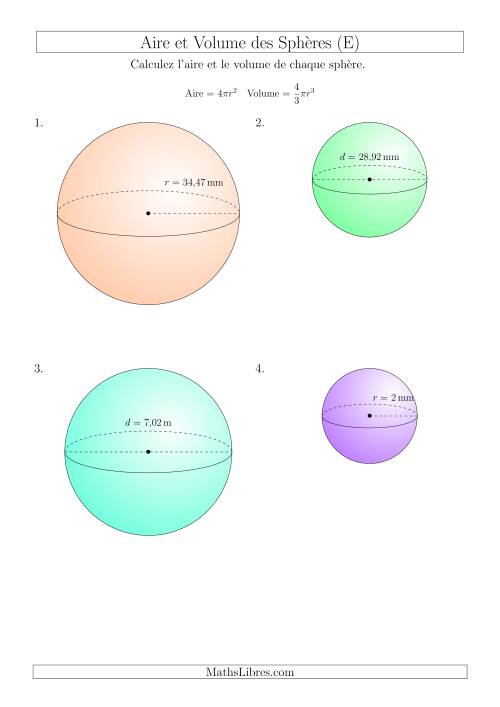 Calcul de l’Aire et du Volume des Sphères (Nombres Entiers  Décimaux Mixtes) (E)