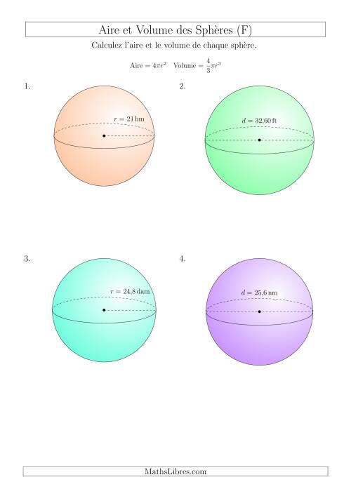 Calcul de l’Aire et du Volume des Sphères (Nombres Entiers  Décimaux Mixtes) (F)