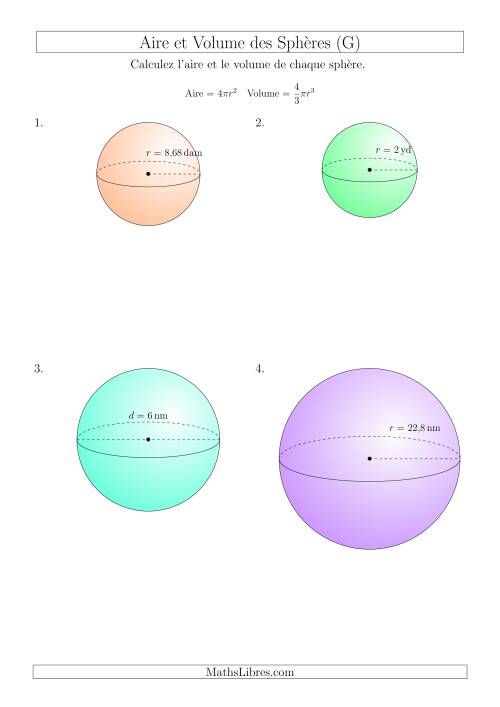 Calcul de l’Aire et du Volume des Sphères (Nombres Entiers  Décimaux Mixtes) (G)
