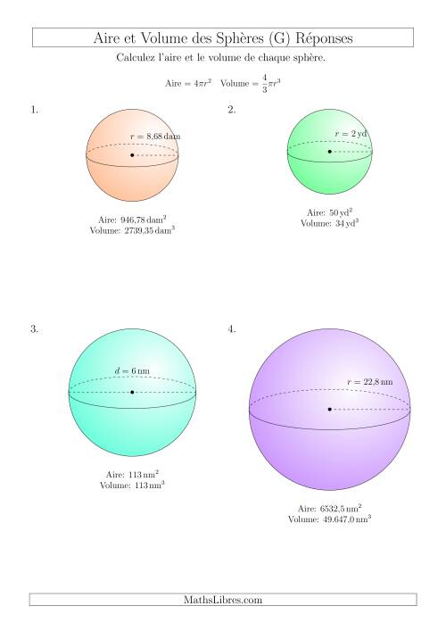 Calcul de l’Aire et du Volume des Sphères (Nombres Entiers  Décimaux Mixtes) (G) page 2