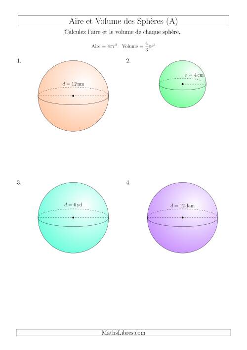 Calcul de l’Aire et du Volume des Sphères (Nombres Entiers) (Tout)