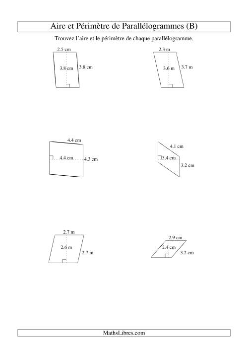Aire et périmètre de parallélogrammes (jusqu'à 1 décimale; variation 1-5) (B)