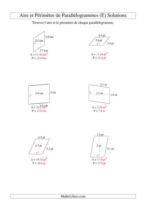 Aire et périmètre de parallélogrammes (jusqu'à 1 décimale; variation 1-5) (E) page 2