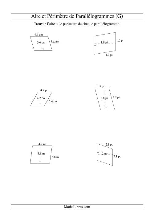 Aire et périmètre de parallélogrammes (jusqu'à 1 décimale; variation 1-5) (G)