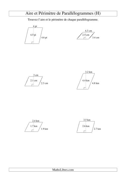 Aire et périmètre de parallélogrammes (jusqu'à 1 décimale; variation 1-5) (H)
