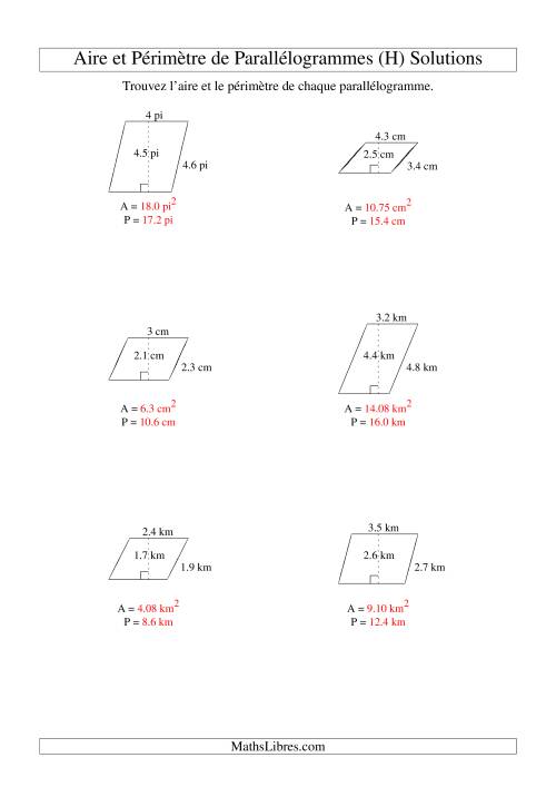 Aire et périmètre de parallélogrammes (jusqu'à 1 décimale; variation 1-5) (H) page 2