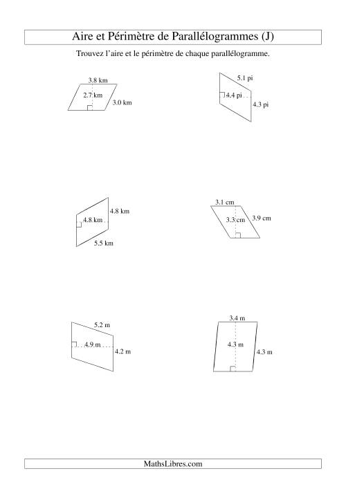 Aire et périmètre de parallélogrammes (jusqu'à 1 décimale; variation 1-5) (J)