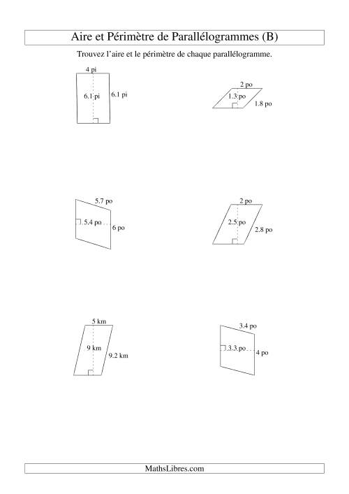 Aire et périmètre de parallélogrammes (nombre entier; variation 1-9) (B)