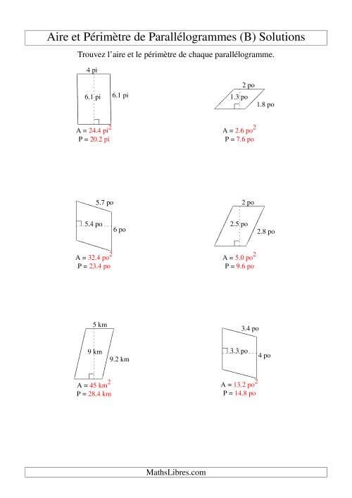 Aire et périmètre de parallélogrammes (nombre entier; variation 1-9) (B) page 2