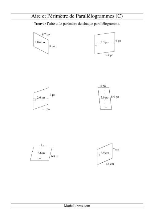 Aire et périmètre de parallélogrammes (nombre entier; variation 1-9) (C)
