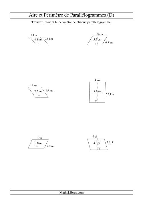 Aire et périmètre de parallélogrammes (nombre entier; variation 1-9) (D)
