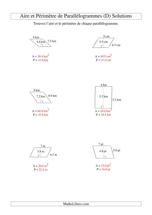 Aire et périmètre de parallélogrammes (nombre entier; variation 1-9) (D) page 2